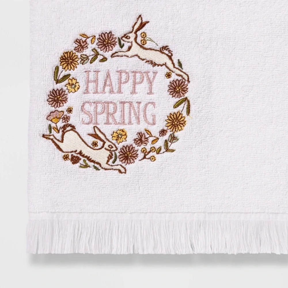 Happy Spring Hand Towel White Embroidered